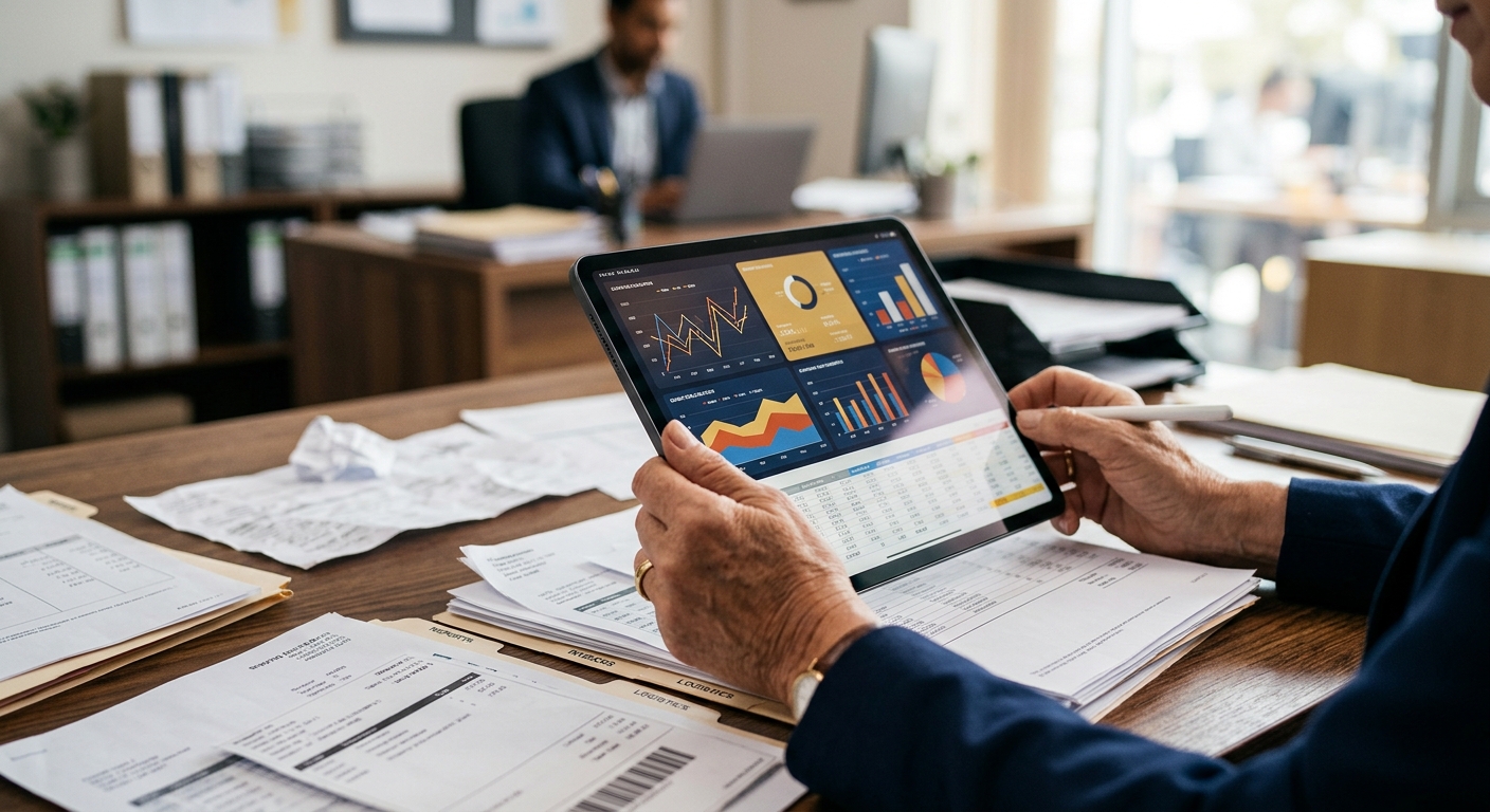 A supply chain leader reviewing fragmented operational data on a tablet across multiple reports.