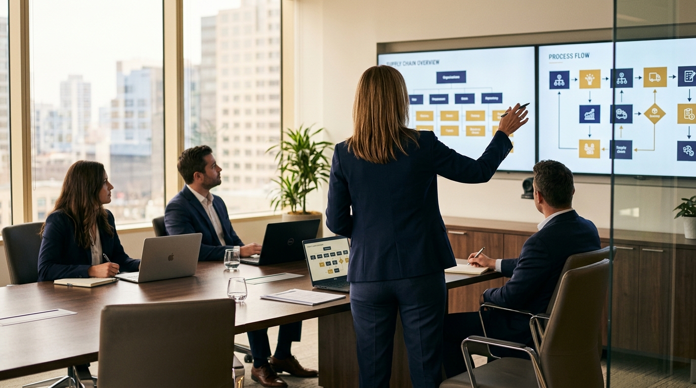 A senior executive leading a supply chain strategy session with a connected process diagram on screen.